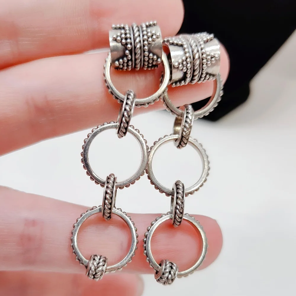 SUARTI Rare Vintage Sterling Silver 5 Ring Drop Dangle Earrings Post Back